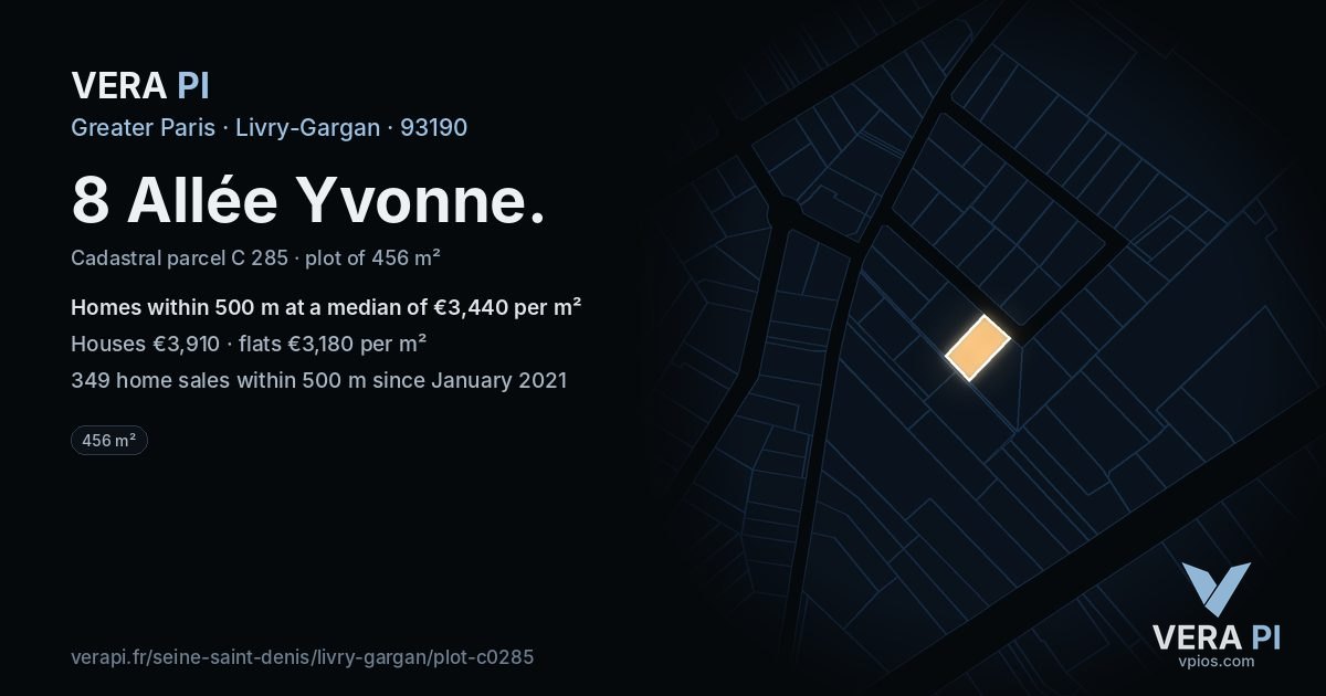 8 Allée Yvonne, Livry-Gargan at night – the plot lit, the parcels around coloured by the prices near them