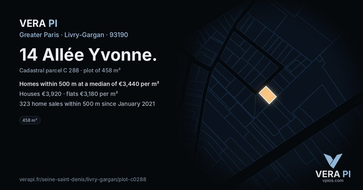 14 Allée Yvonne, Livry-Gargan at night – the plot lit, the parcels around coloured by the prices near them