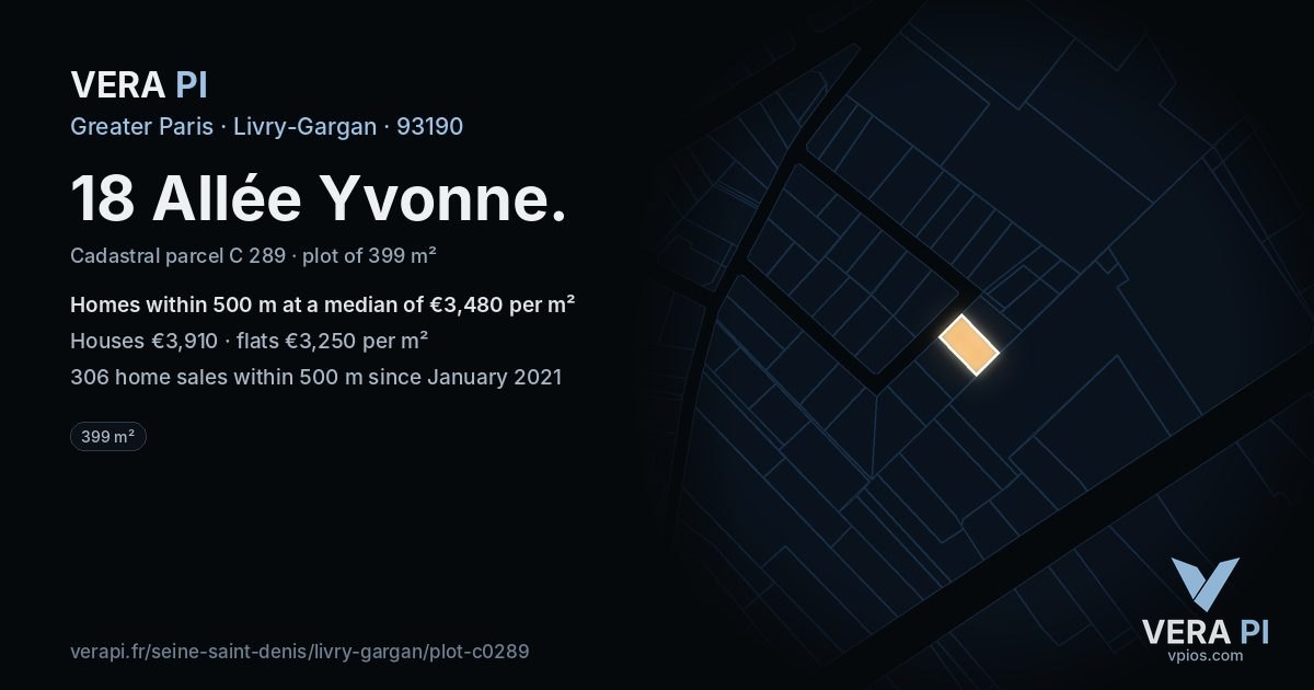 18 Allée Yvonne, Livry-Gargan at night – the plot lit, the parcels around coloured by the prices near them