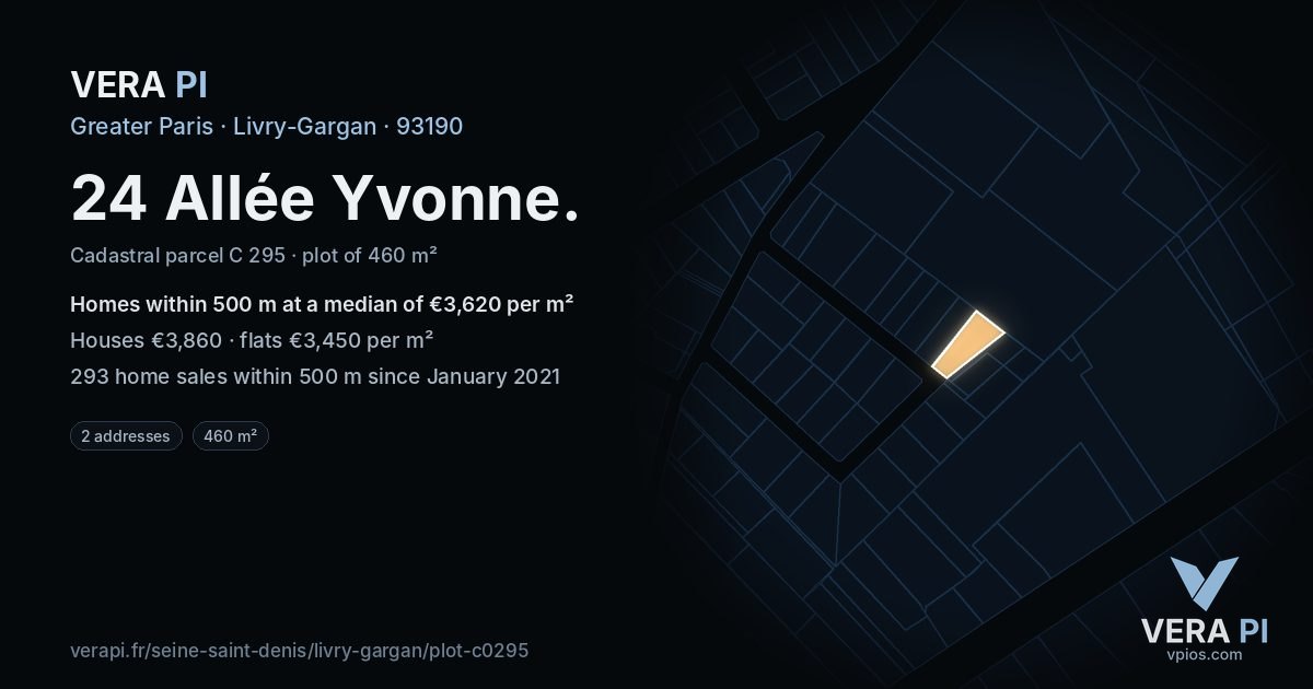 24 Allée Yvonne, Livry-Gargan at night – the plot lit, the parcels around coloured by the prices near them
