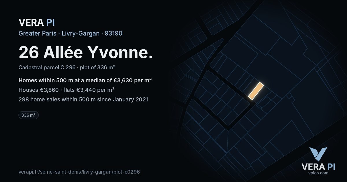 26 Allée Yvonne, Livry-Gargan at night – the plot lit, the parcels around coloured by the prices near them