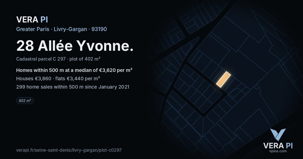 28 Allée Yvonne, Livry-Gargan at night – the plot lit, the parcels around coloured by the prices near them