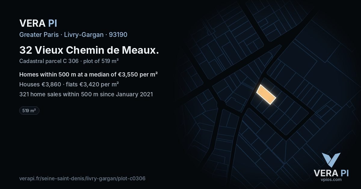 32 Vieux Chemin de Meaux, Livry-Gargan at night – the plot lit, the parcels around coloured by the prices near them