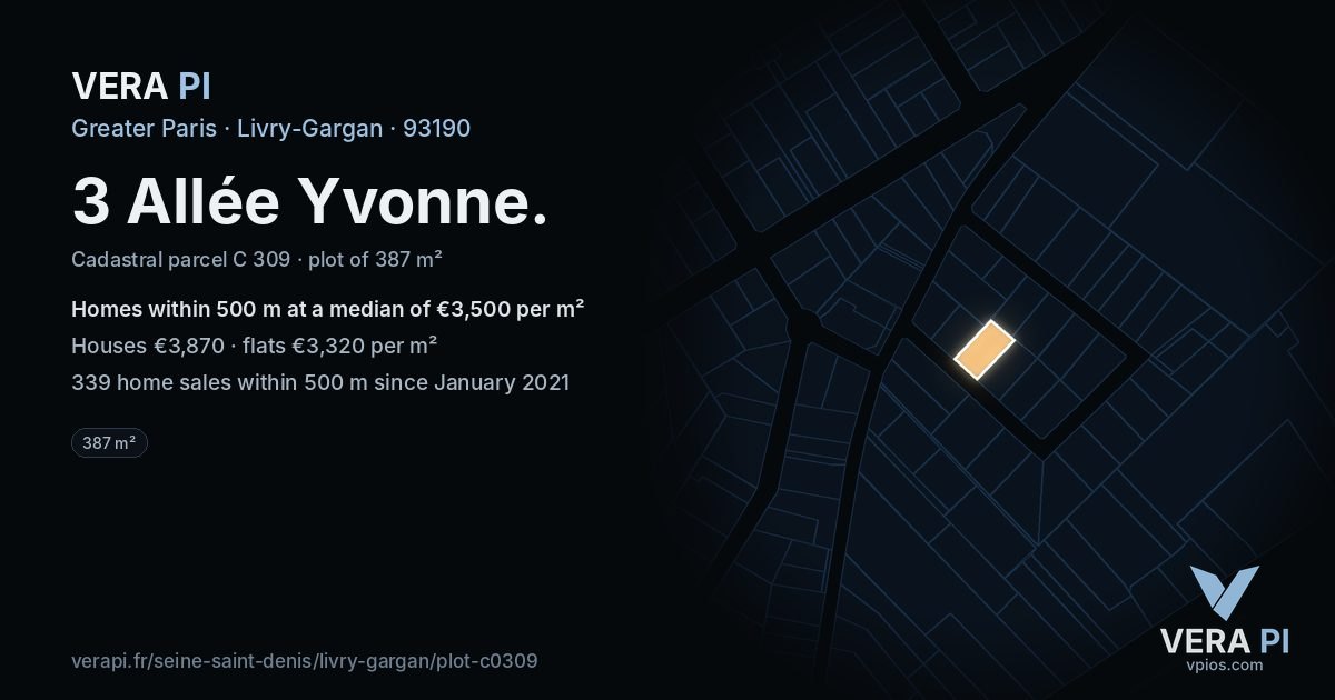 3 Allée Yvonne, Livry-Gargan at night – the plot lit, the parcels around coloured by the prices near them