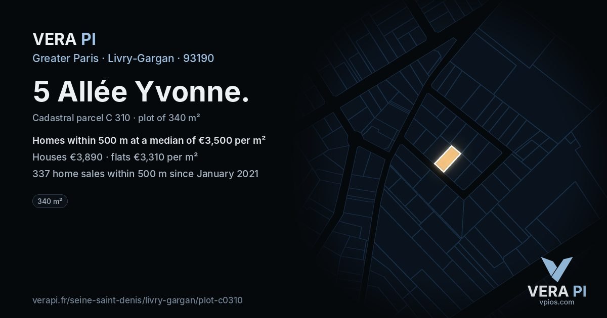 5 Allée Yvonne, Livry-Gargan at night – the plot lit, the parcels around coloured by the prices near them