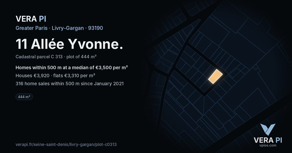 11 Allée Yvonne, Livry-Gargan at night – the plot lit, the parcels around coloured by the prices near them
