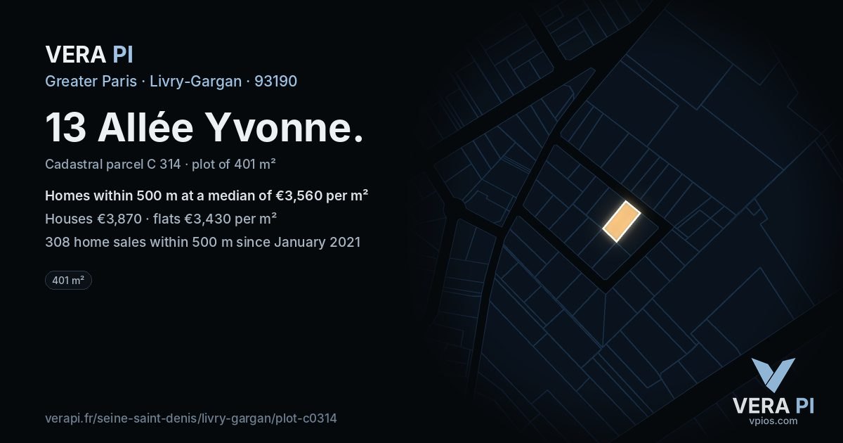 13 Allée Yvonne, Livry-Gargan at night – the plot lit, the parcels around coloured by the prices near them