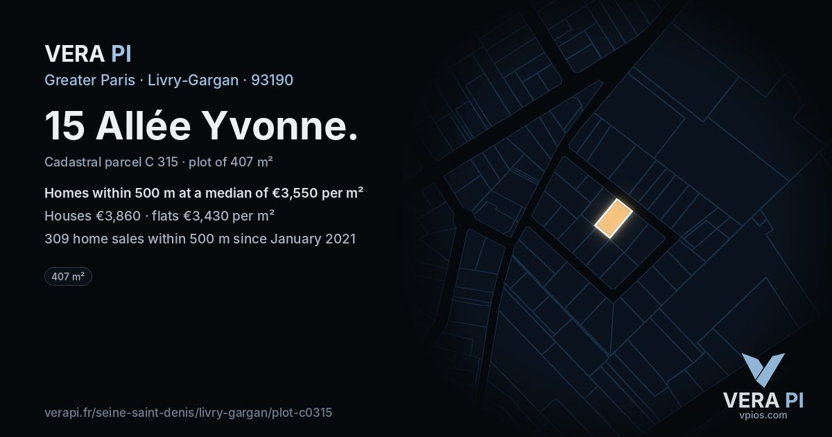 15 Allée Yvonne, Livry-Gargan at night – the plot lit, the parcels around coloured by the prices near them