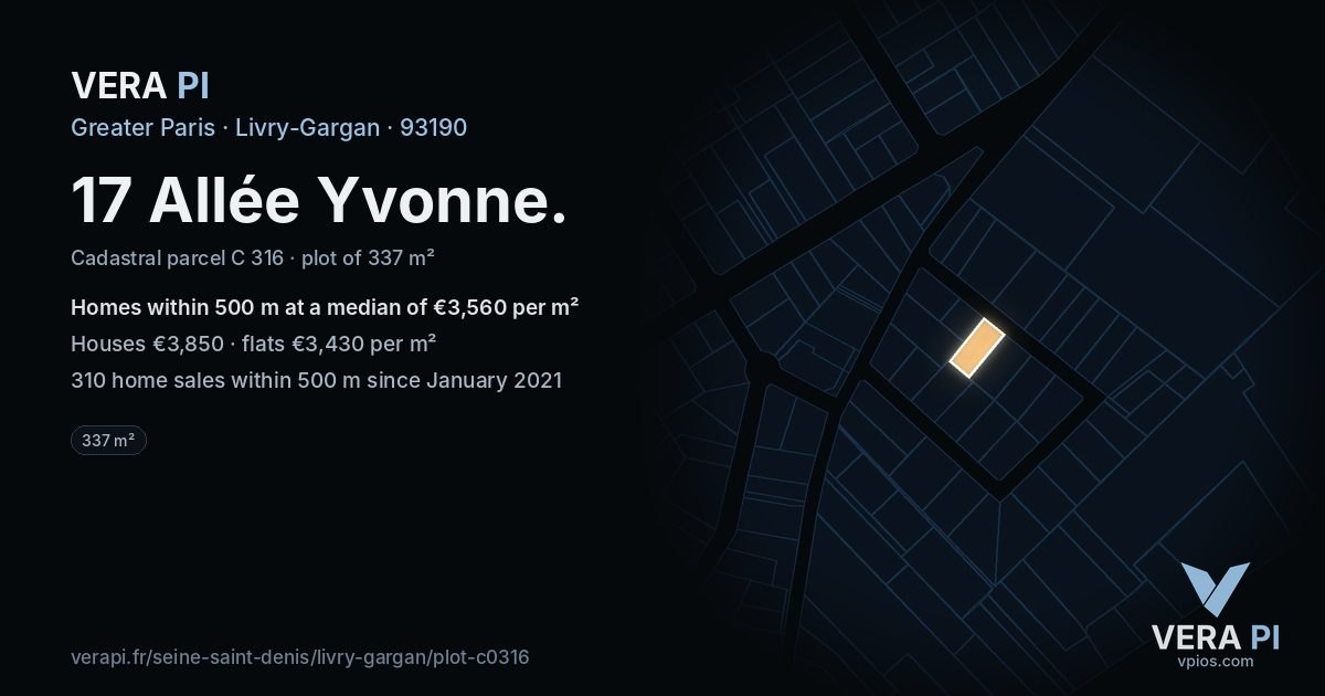 17 Allée Yvonne, Livry-Gargan at night – the plot lit, the parcels around coloured by the prices near them