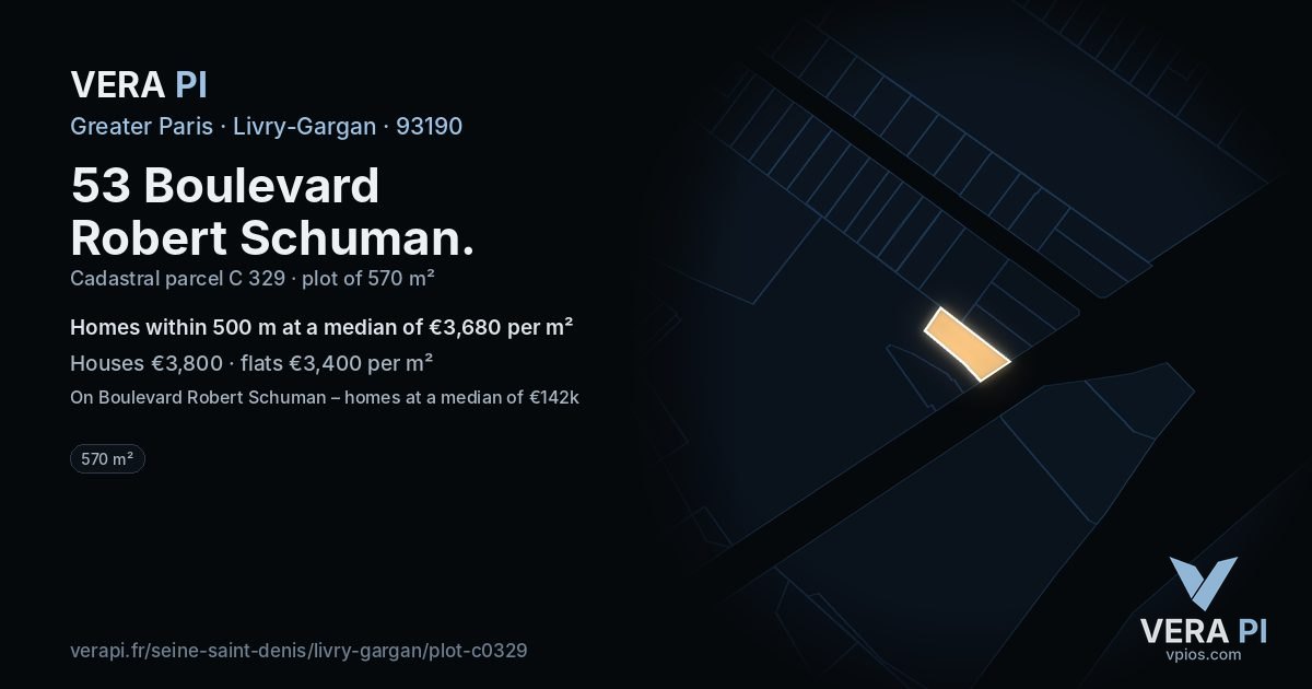 53 Boulevard Robert Schuman, Livry-Gargan at night – the plot lit, the parcels around coloured by the prices near them