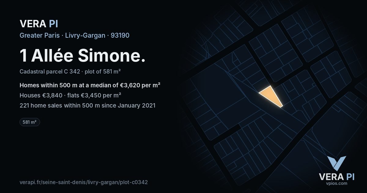 1 Allée Simone, Livry-Gargan at night – the plot lit, the parcels around coloured by the prices near them