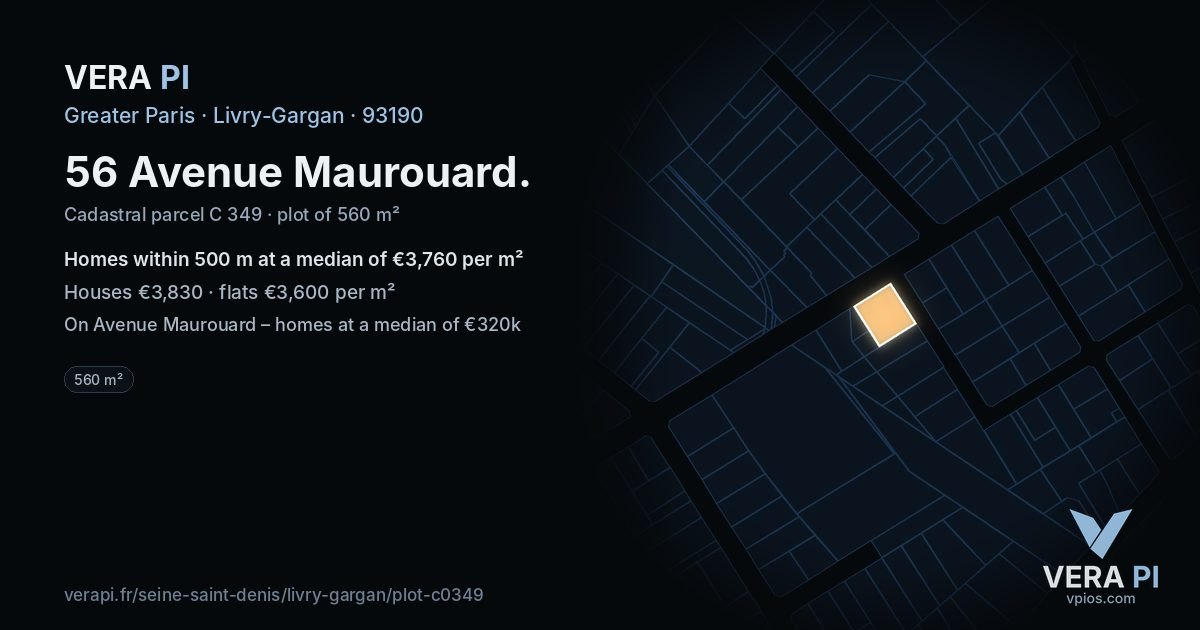 56 Avenue Maurouard, Livry-Gargan at night – the plot lit, the parcels around coloured by the prices near them