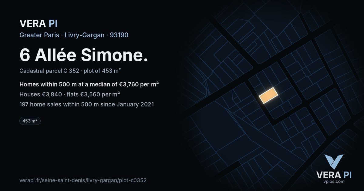 6 Allée Simone, Livry-Gargan at night – the plot lit, the parcels around coloured by the prices near them
