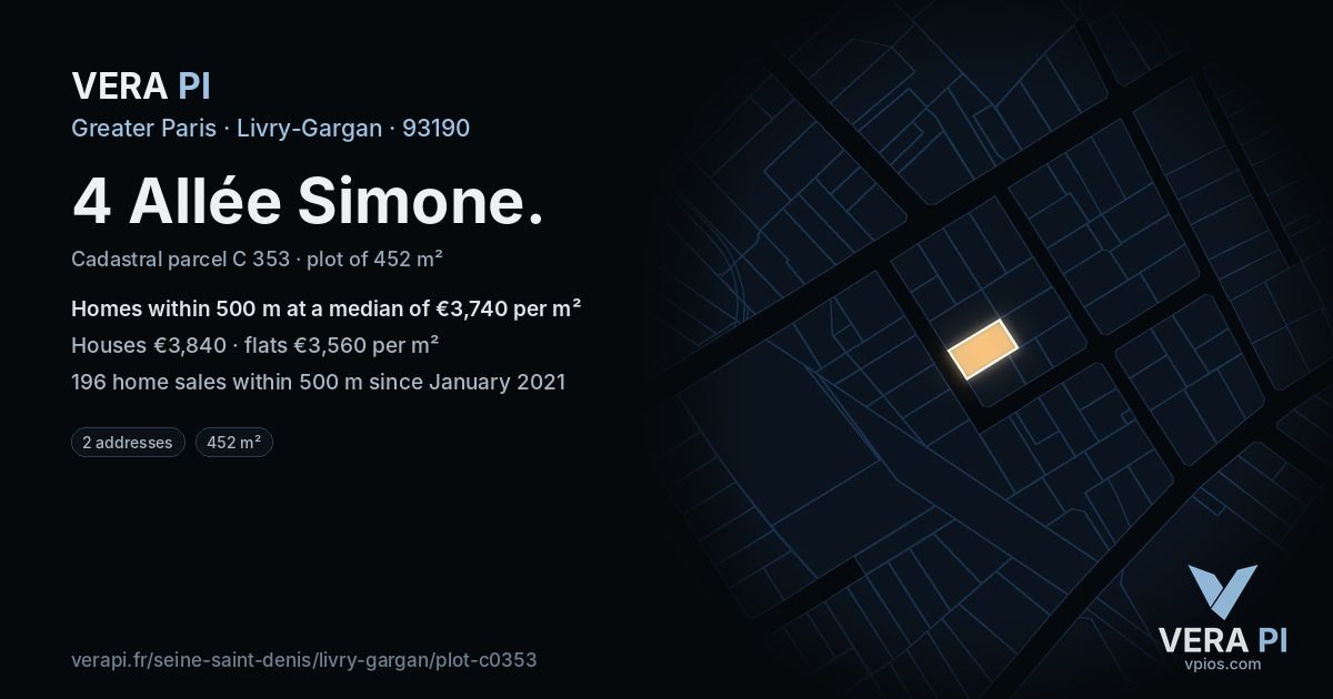 4 Allée Simone, Livry-Gargan at night – the plot lit, the parcels around coloured by the prices near them