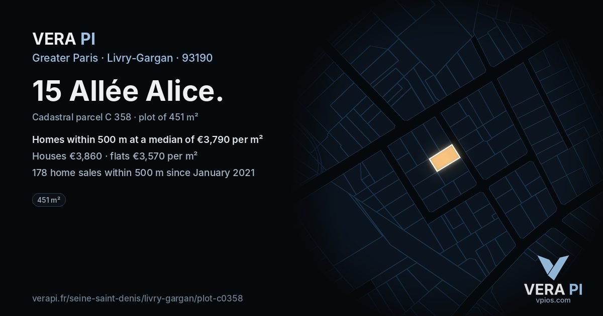 15 Allée Alice, Livry-Gargan at night – the plot lit, the parcels around coloured by the prices near them