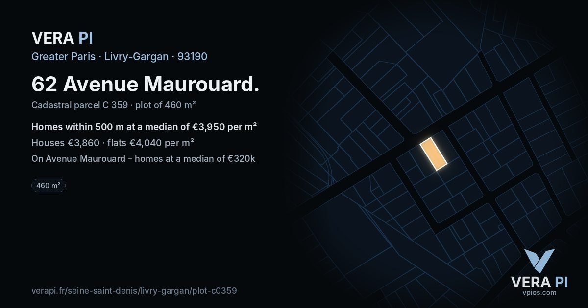 62 Avenue Maurouard, Livry-Gargan at night – the plot lit, the parcels around coloured by the prices near them