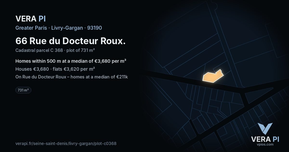 66 Rue du Docteur Roux, Livry-Gargan at night – the plot lit, the parcels around coloured by the prices near them
