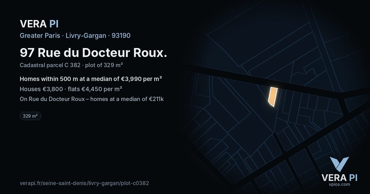 97 Rue du Docteur Roux, Livry-Gargan at night – the plot lit, the parcels around coloured by the prices near them