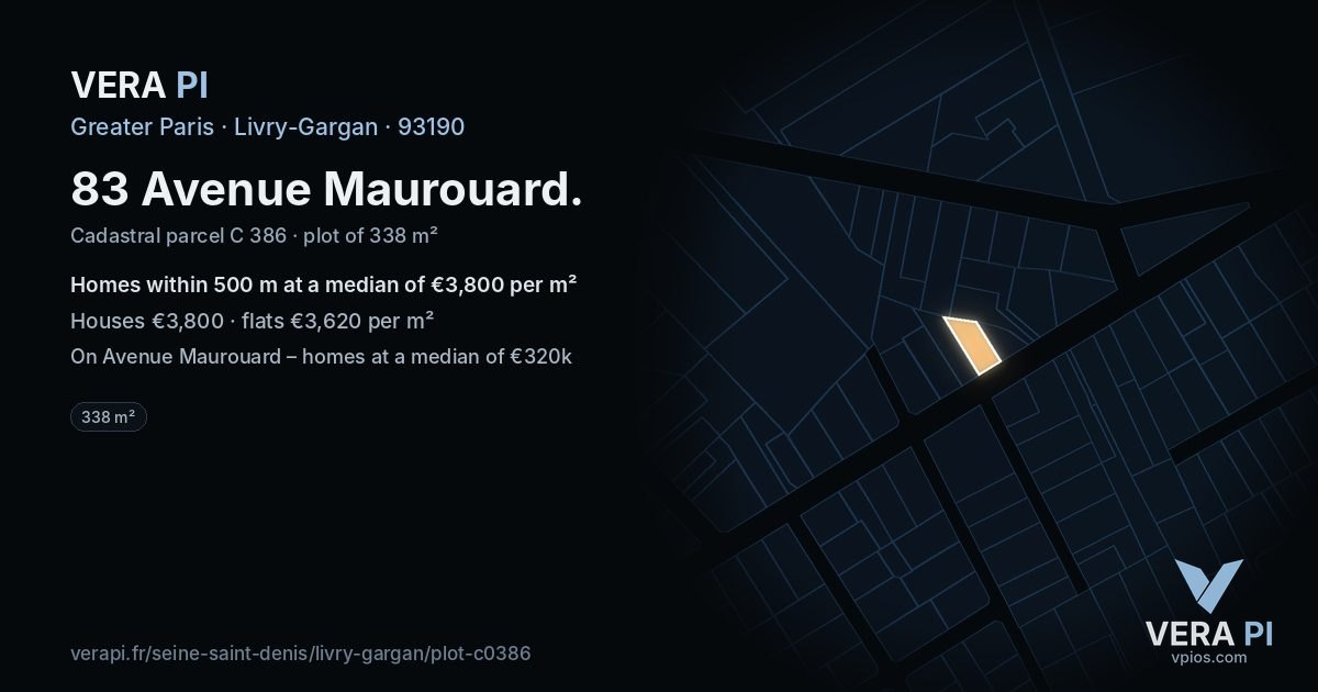 83 Avenue Maurouard, Livry-Gargan at night – the plot lit, the parcels around coloured by the prices near them