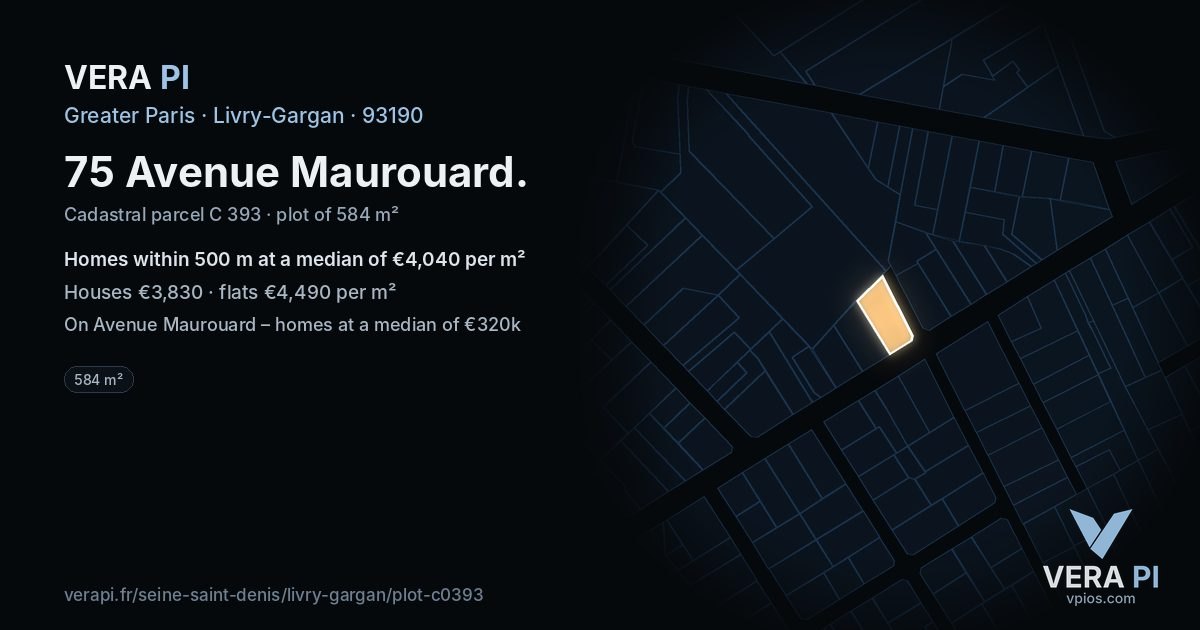 75 Avenue Maurouard, Livry-Gargan at night – the plot lit, the parcels around coloured by the prices near them