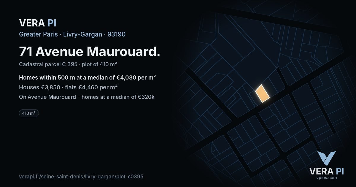 71 Avenue Maurouard, Livry-Gargan at night – the plot lit, the parcels around coloured by the prices near them