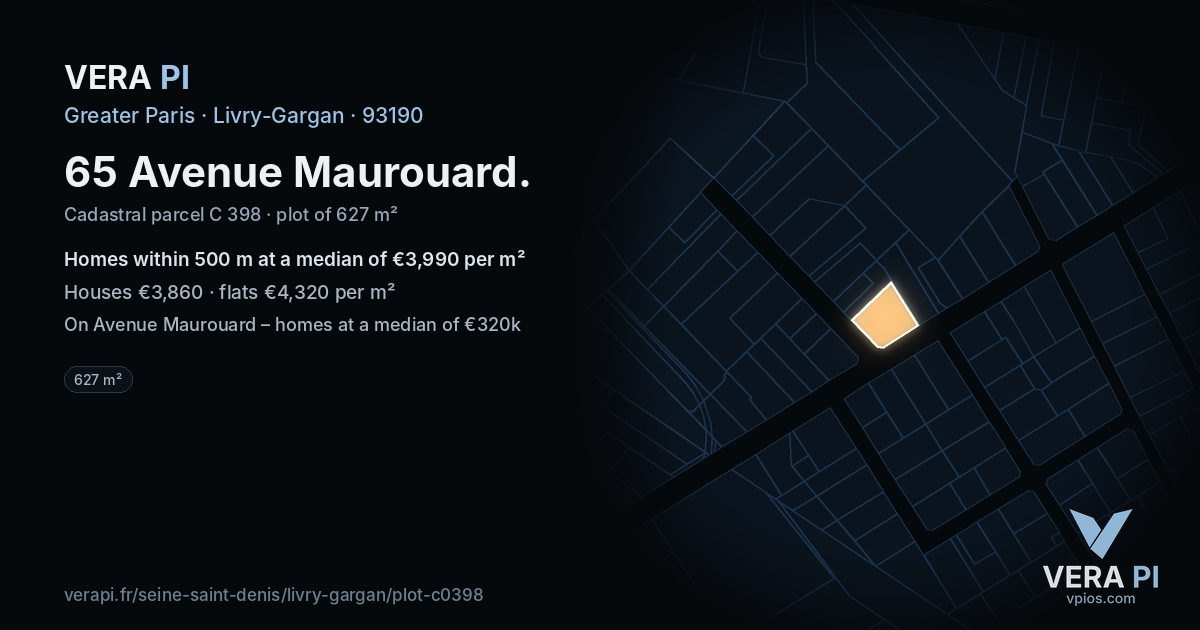 65 Avenue Maurouard, Livry-Gargan at night – the plot lit, the parcels around coloured by the prices near them