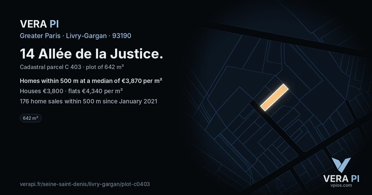 14 Allée de la Justice, Livry-Gargan at night – the plot lit, the parcels around coloured by the prices near them