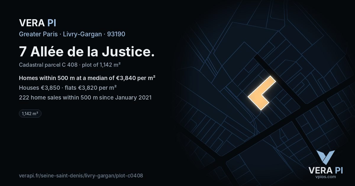 7 Allée de la Justice, Livry-Gargan at night – the plot lit, the parcels around coloured by the prices near them