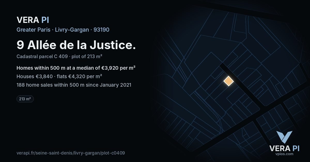 9 Allée de la Justice, Livry-Gargan at night – the plot lit, the parcels around coloured by the prices near them