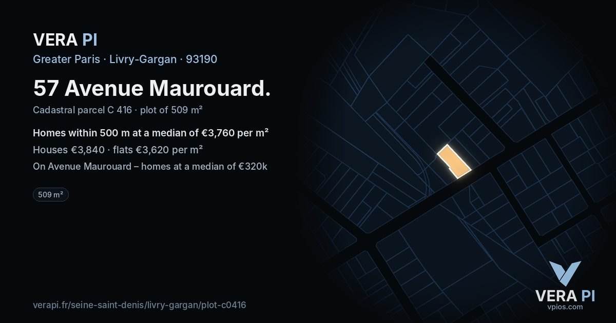 57 Avenue Maurouard, Livry-Gargan at night – the plot lit, the parcels around coloured by the prices near them