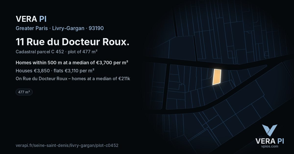 11 Rue du Docteur Roux, Livry-Gargan at night – the plot lit, the parcels around coloured by the prices near them