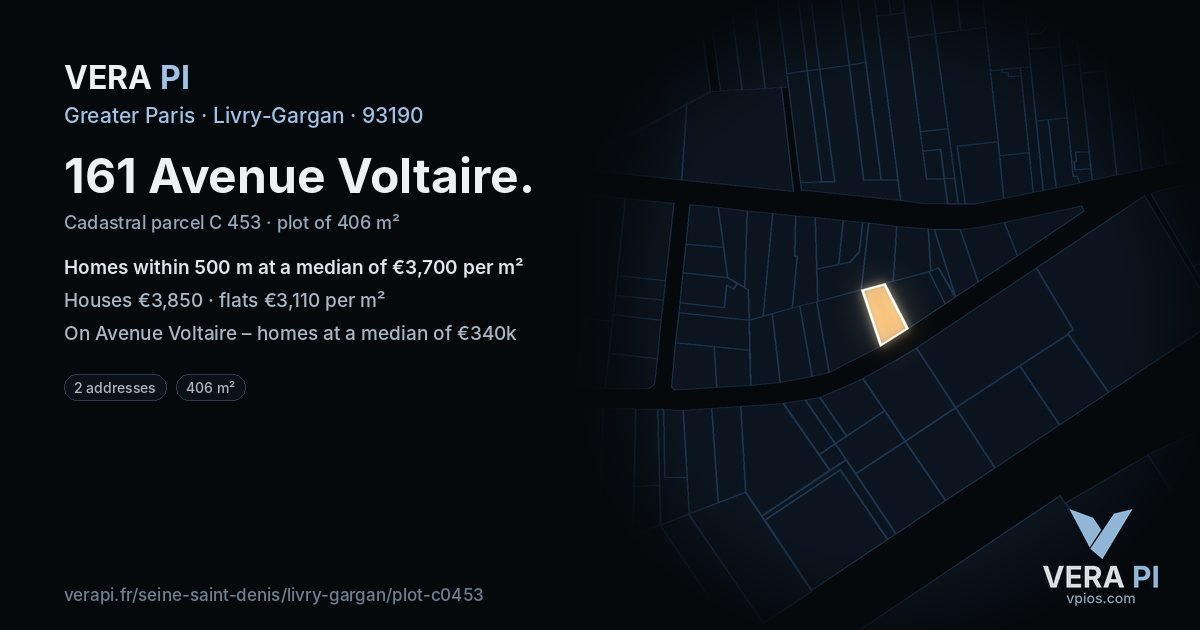 161 Avenue Voltaire, Livry-Gargan at night – the plot lit, the parcels around coloured by the prices near them
