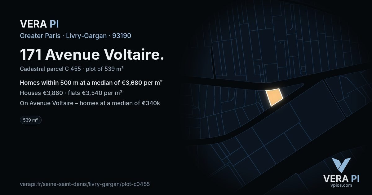 171 Avenue Voltaire, Livry-Gargan at night – the plot lit, the parcels around coloured by the prices near them