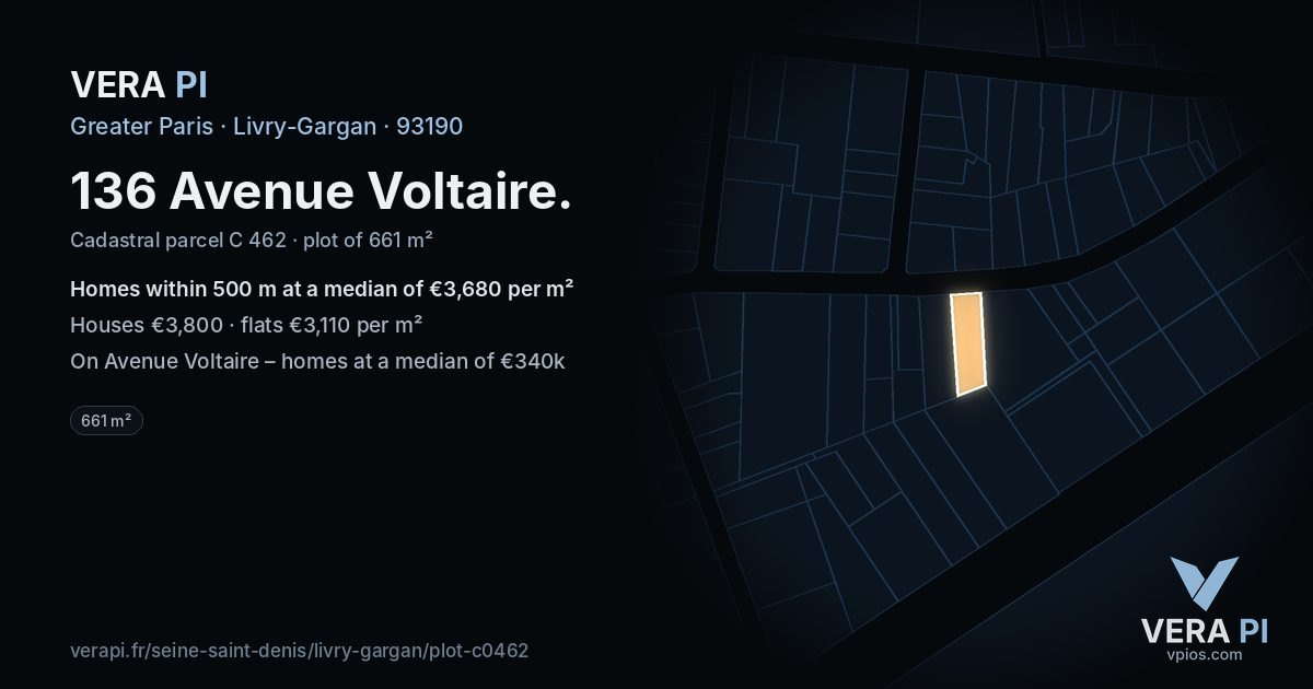 136 Avenue Voltaire, Livry-Gargan at night – the plot lit, the parcels around coloured by the prices near them