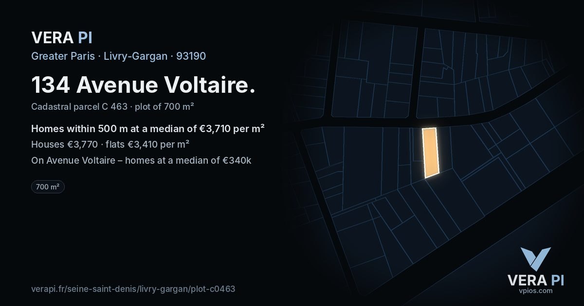134 Avenue Voltaire, Livry-Gargan at night – the plot lit, the parcels around coloured by the prices near them