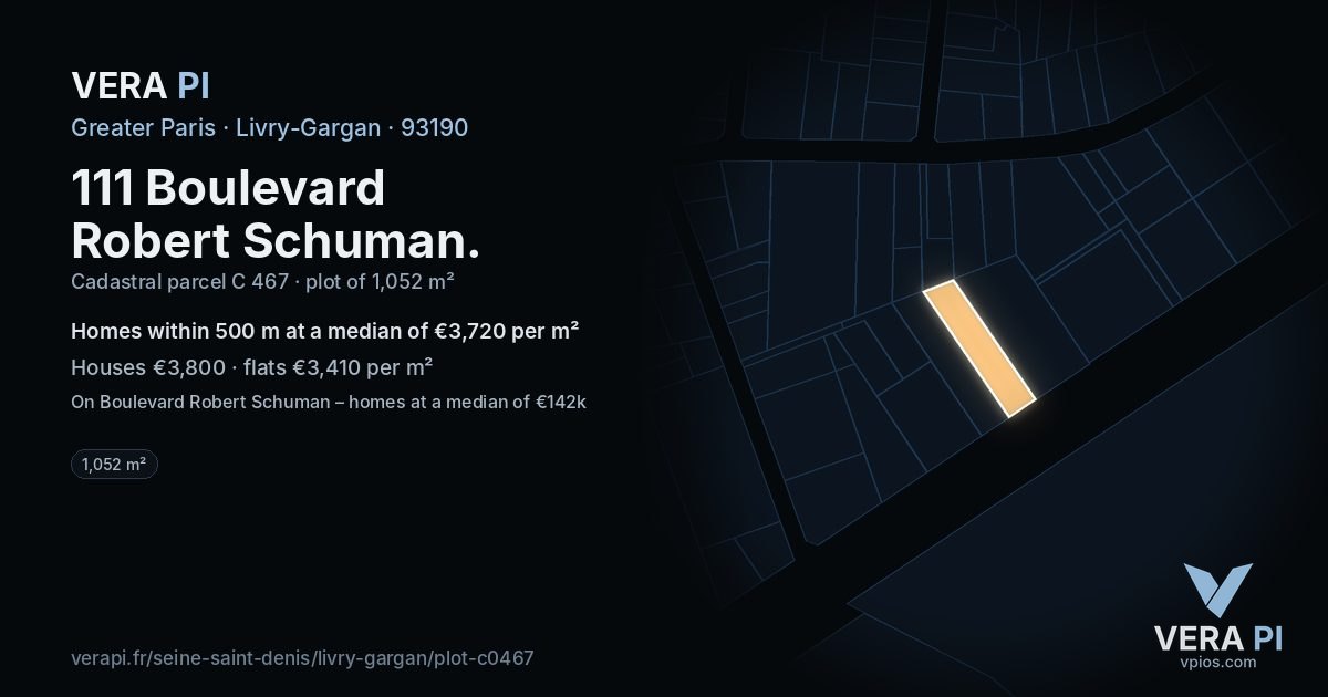 111 Boulevard Robert Schuman, Livry-Gargan at night – the plot lit, the parcels around coloured by the prices near them