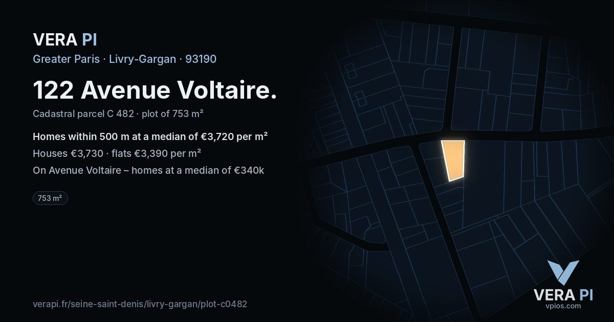 122 Avenue Voltaire, Livry-Gargan at night – the plot lit, the parcels around coloured by the prices near them