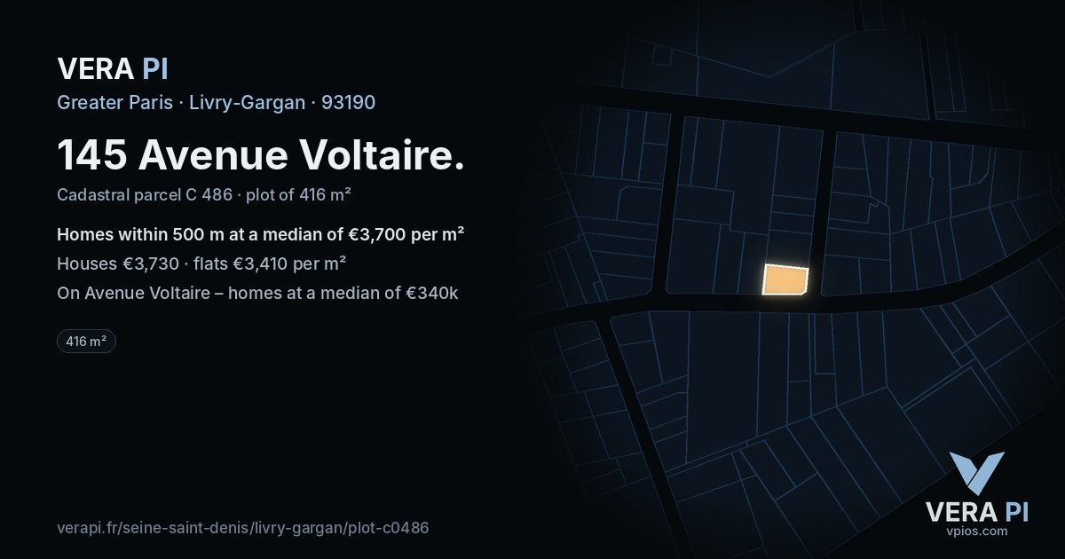 145 Avenue Voltaire, Livry-Gargan at night – the plot lit, the parcels around coloured by the prices near them
