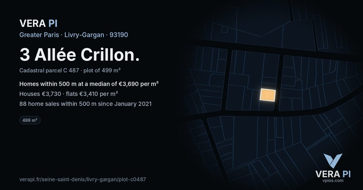 3 Allée Crillon, Livry-Gargan at night – the plot lit, the parcels around coloured by the prices near them