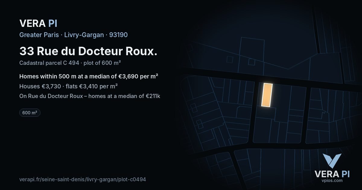 33 Rue du Docteur Roux, Livry-Gargan at night – the plot lit, the parcels around coloured by the prices near them