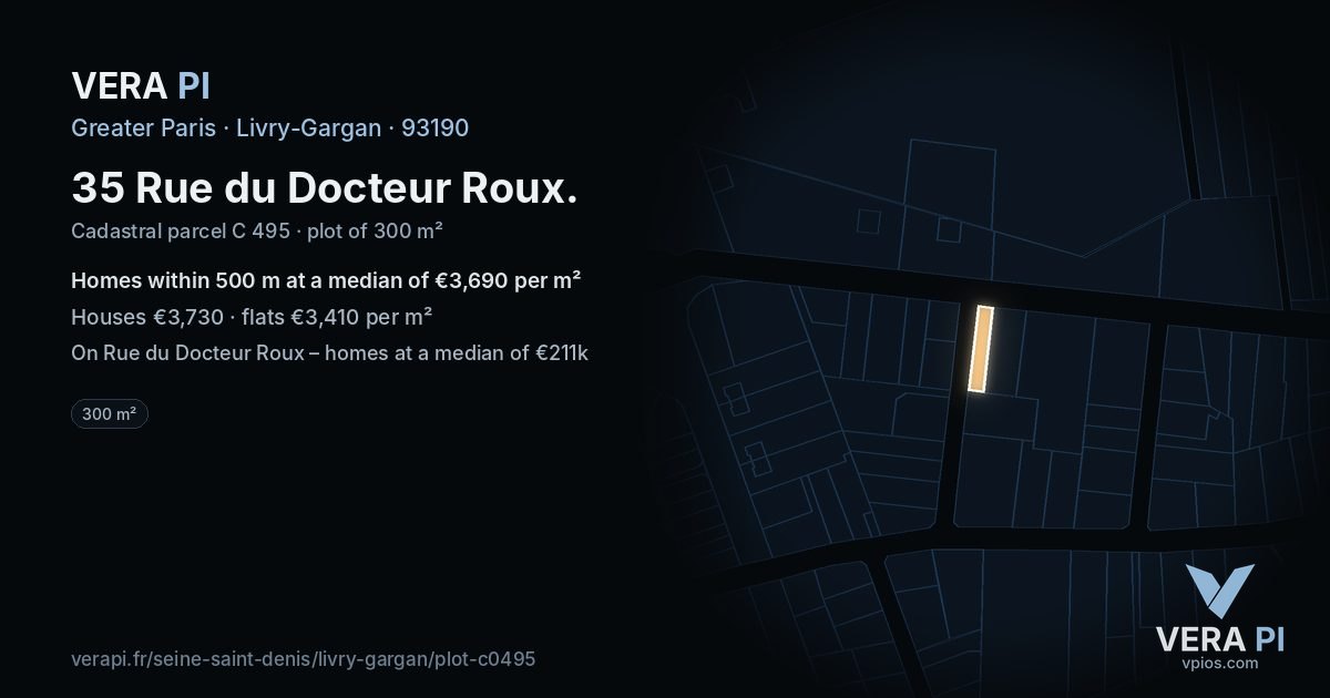 35 Rue du Docteur Roux, Livry-Gargan at night – the plot lit, the parcels around coloured by the prices near them