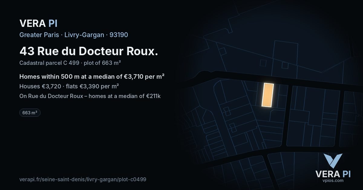 43 Rue du Docteur Roux, Livry-Gargan at night – the plot lit, the parcels around coloured by the prices near them