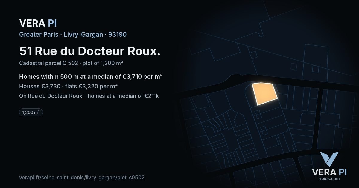 51 Rue du Docteur Roux, Livry-Gargan at night – the plot lit, the parcels around coloured by the prices near them