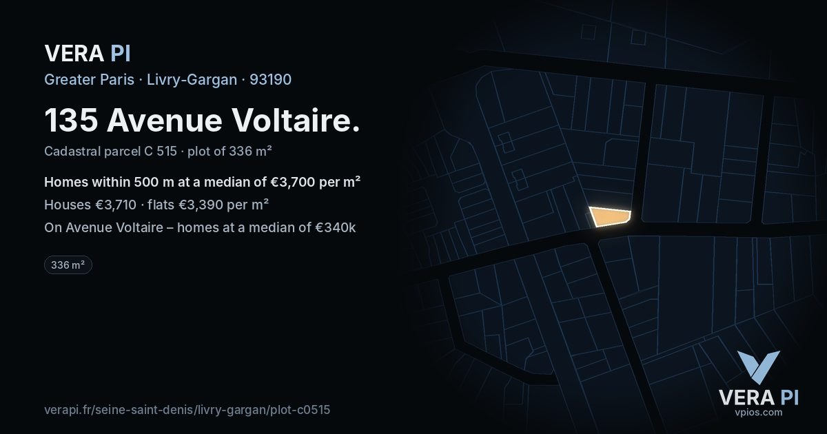 135 Avenue Voltaire, Livry-Gargan at night – the plot lit, the parcels around coloured by the prices near them