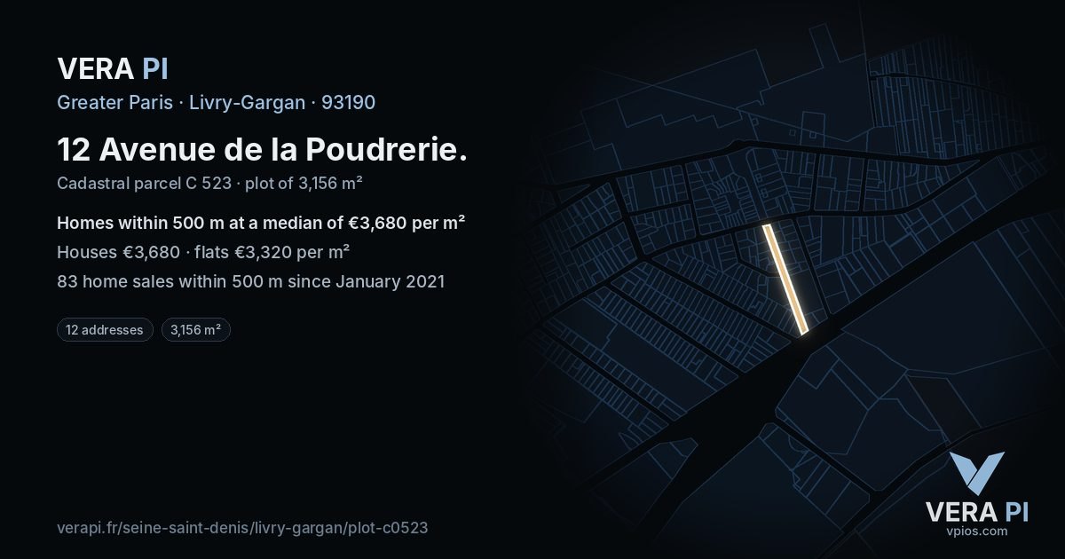 12 Avenue de la Poudrerie, Livry-Gargan at night – the plot lit, the parcels around coloured by the prices near them