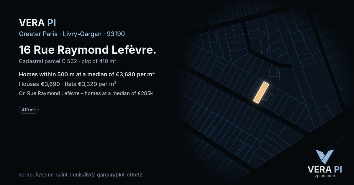 16 Rue Raymond Lefèvre, Livry-Gargan at night – the plot lit, the parcels around coloured by the prices near them