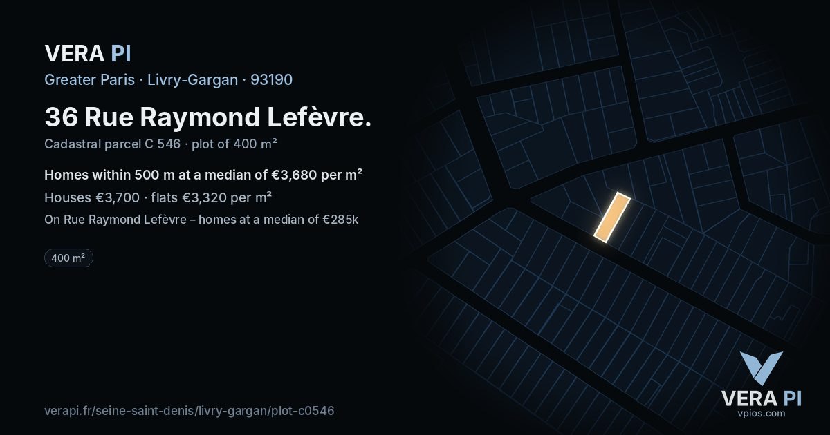 36 Rue Raymond Lefèvre, Livry-Gargan at night – the plot lit, the parcels around coloured by the prices near them