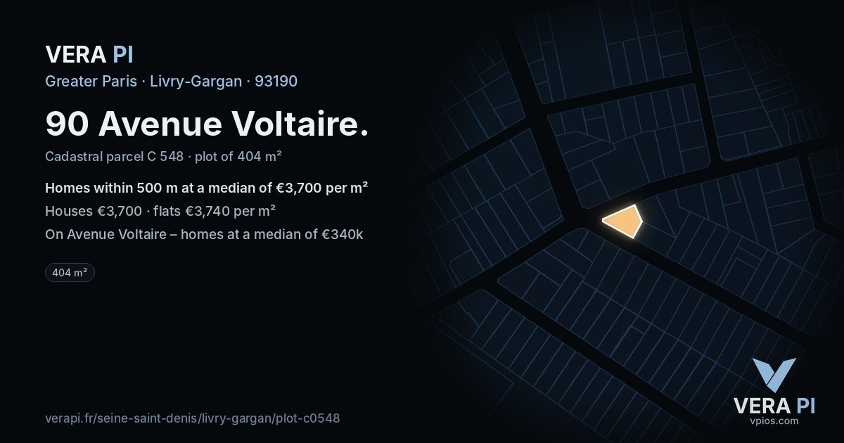 90 Avenue Voltaire, Livry-Gargan at night – the plot lit, the parcels around coloured by the prices near them