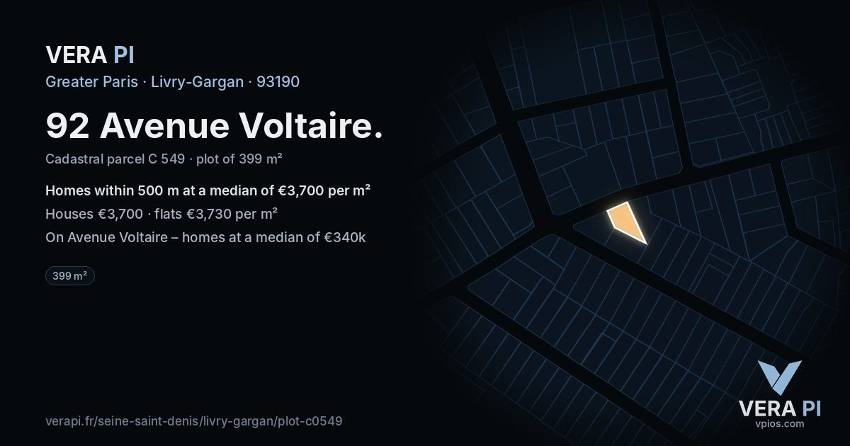 92 Avenue Voltaire, Livry-Gargan at night – the plot lit, the parcels around coloured by the prices near them