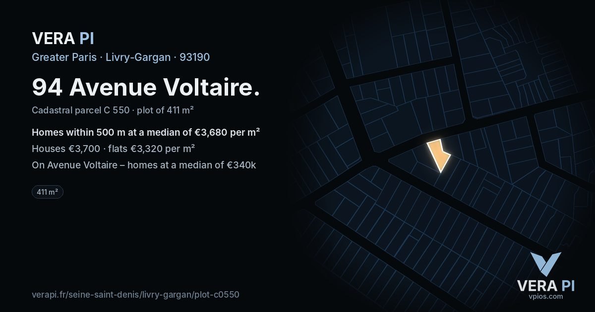94 Avenue Voltaire, Livry-Gargan at night – the plot lit, the parcels around coloured by the prices near them